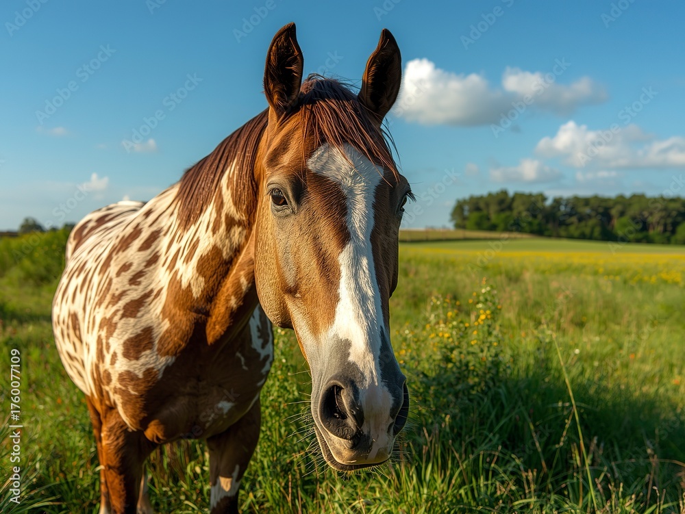 Obraz premium Majestic Appaloosa horse with striking coat pattern gazes serenely in a sunlit green meadow under a clear blue sky with fluffy clouds