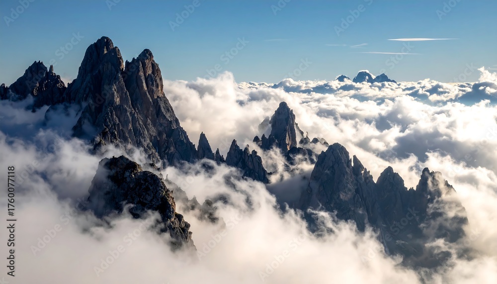 Fototapeta premium Majestic mountain peaks piercing through a sea of clouds.