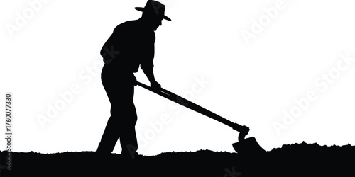 Farmer working with hoe silhouette cartoon illustration, symbolic labor and expressive gesture artwork for agriculture and lifestyle design