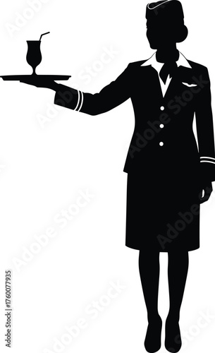 Flight attendant holding tray with drink silhouette cartoon illustration, symbolic hospitality and expressive gesture artwork for aviation design