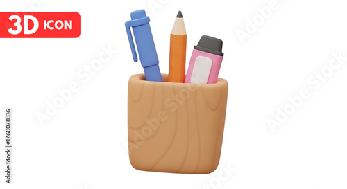 3d pen holder icon with pen, pencil, eraser