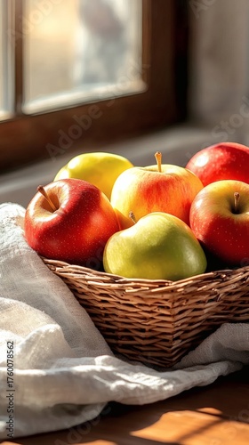 Wallpaper Mural A basket filled with fresh, vibrant apples. The fruits are of different colors and resting on a white cloth Torontodigital.ca