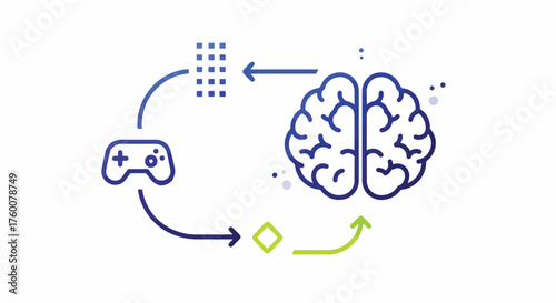 Vector art of video game controller connected to brain, illustrating the impact of gaming on cognitive function