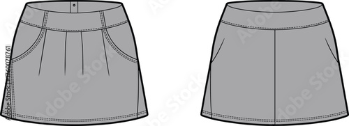Skirt front view with pleats and pockets, waistband button closure, clean silhouette variant, cad drawing flat vector illustration, fashion sketch