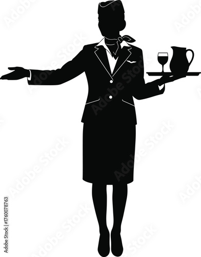 Flight attendant serving drink silhouette cartoon illustration, symbolic hospitality and expressive gesture artwork for aviation and lifestyle design