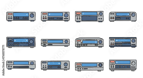 set of av receiver outline icons vector full color
