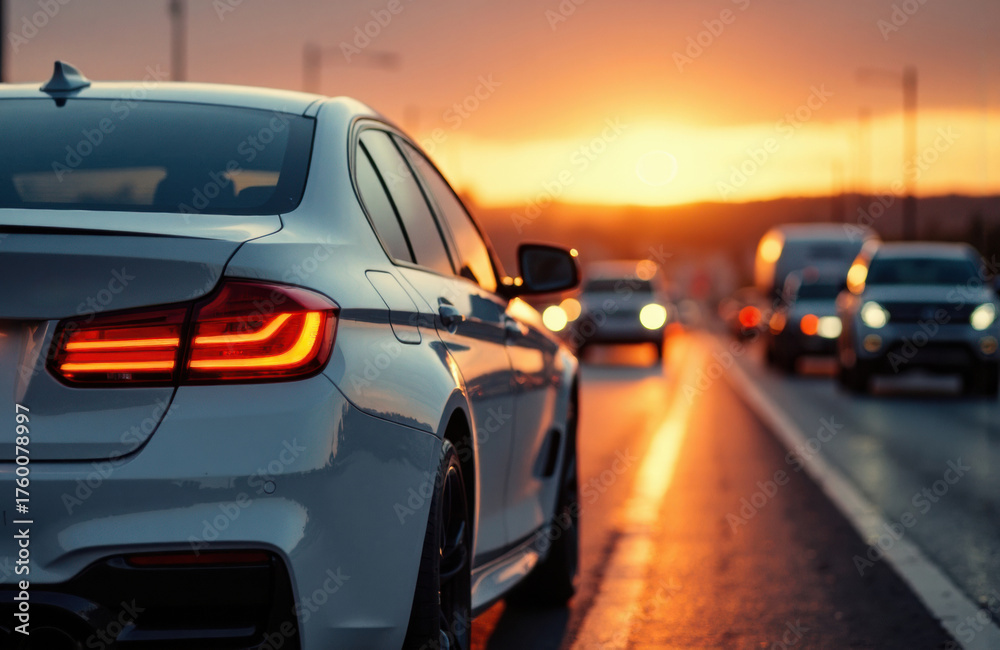 Fototapeta premium Car driving on highway during sunset creating warm glow and long shadows