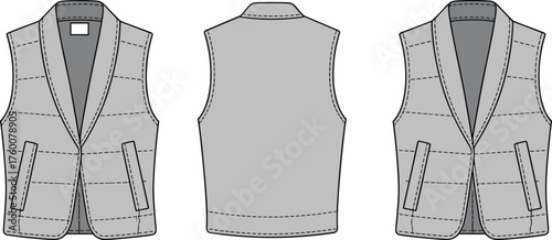 Sleeveless quilted vest sketch, shawl collar design, welt pockets, front back side view, stitching detail, cad drawing flat vector illustration