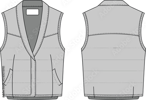 Sleeveless quilted vest, deep V-neckline, angled welt pockets, padded design, fashion sketch, CAD drawing, flat vector illustration, garment template