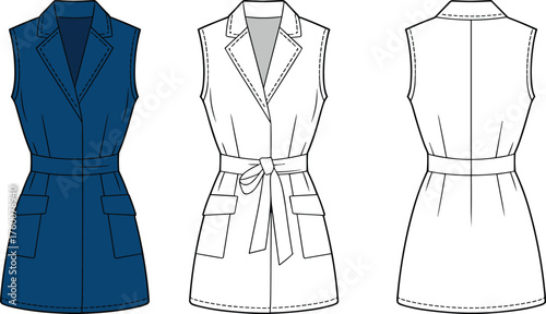 Sleeveless vest dress CAD drawing, notched lapel, patch pockets, waist belt, flat vector illustration, fashion design garment template