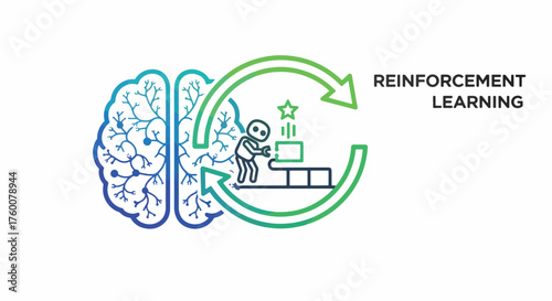 Vector art of reinforcement learning concept showing a human training a machine to achieve a goal