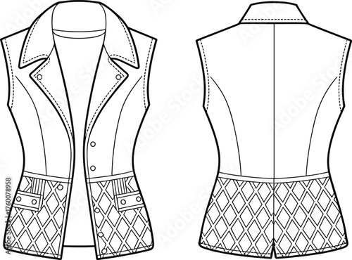 Sleeveless tailored vest sketch, notched collar, flap pockets, quilted lower panel, princess seams, back yoke, cad drawing flat vector illustration