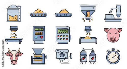 set of automated feeding system outline icons vector full color
