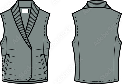 Sleeveless vest sketch, shawl collar, double-breasted front, welt pockets, center back seam, fashion design, cad drawing flat vector illustration