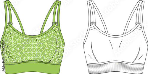 Sports bra front view, geometric pattern, adjustable straps, wide band, technical sketch, garment detail, CAD drawing flat vector illustration