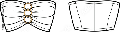 Strapless bandeau top sketch, ruched front, ring detail, curved seams, structured fit, back view, cad drawing flat vector illustration