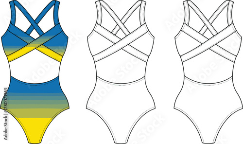 Swimsuit CAD drawing, crisscross strap, cutout bust, high-cut leg, gradient color, flat vector illustration, fashion design template