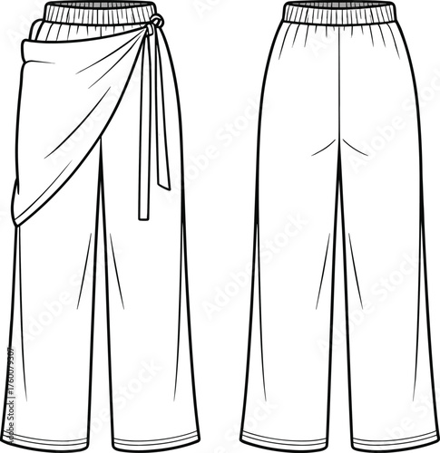 Wide-leg pants sketch, draped overlay, bow-tied waist, relaxed fit, elastic waistband, front and back view, cad drawing flat vector illustration