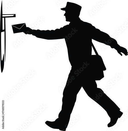 Mail carrier delivering envelope to mailbox silhouette cartoon illustration, symbolic service and expressive gesture artwork for communication design