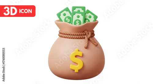 3d cartoon money bag icon with dollar bills