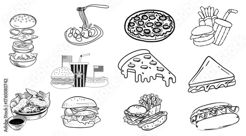 Fast food and drink icons featuring burgers, fries, soda, pizza, coffee, snacks, and quick meals.