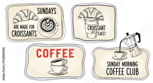 Vector art of vintage coffee and croissant labels, perfect for a cafe or bakery promotion
