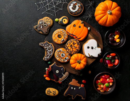 AI generated Halloween cookies and candies on black background with pumpkins and festive decorations