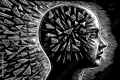 Head silhouette exploding into sharp, chaotic geometric fragments, symbolizing anxiety