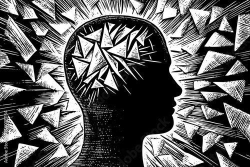 Head silhouette exploding into sharp, chaotic geometric fragments, symbolizing anxiety