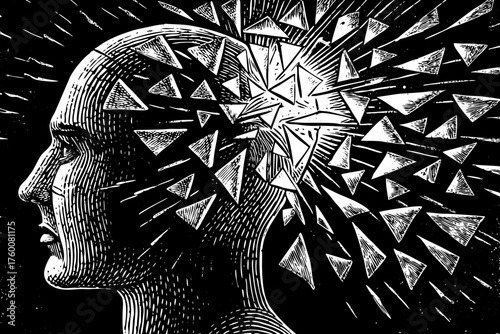 Head silhouette exploding into sharp, chaotic geometric fragments, symbolizing anxiety