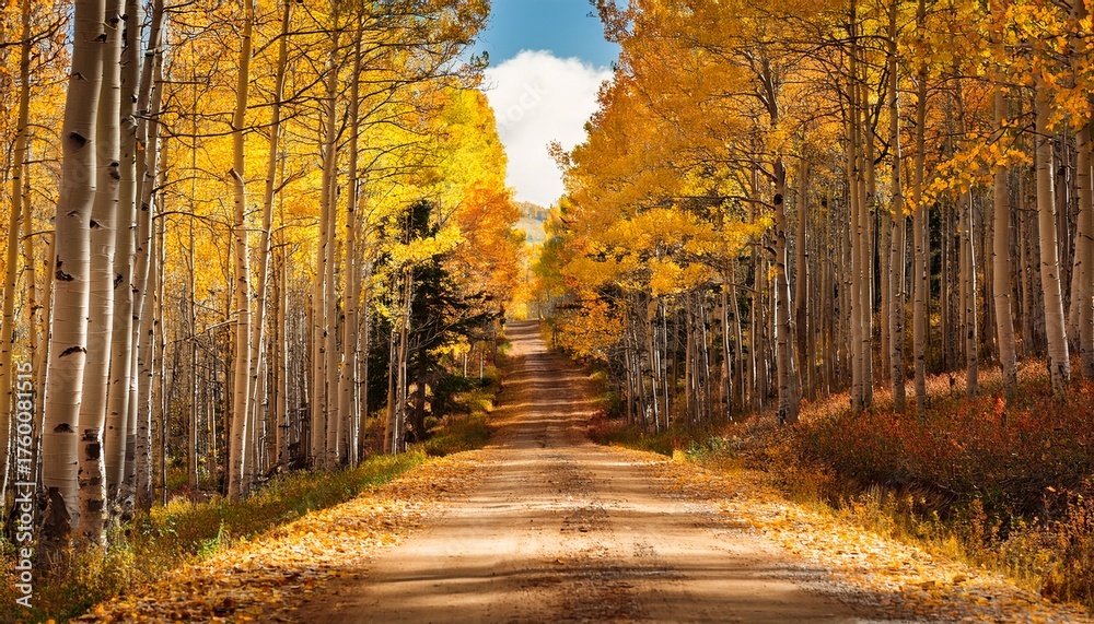 Obraz premium Dirt Road Lined With Aspen Trees And Fallen Fall Leaves