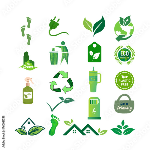 Ecology icons set representing sustainability, green energy, recycling, nature conservation, and environmental protection concepts.