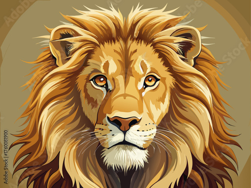 Realistic vector illustration of a majestic lion head facing forward, detailed golden fur and sharp eyes, isolated on light beige background, highly detailed digital art style