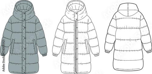 Long padded winter coat sketch, hooded design, quilted texture, zipper closure, ribbed cuffs, multi-view layout, cad drawing flat vector illustration