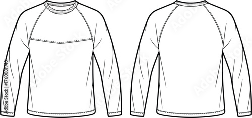 Long sleeve shirt front and back view, raglan sleeve design, chest seam detail, cad drawing flat vector illustration, fashion sketch