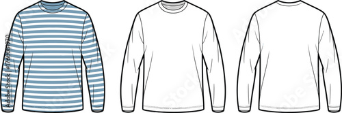 Long sleeve shirts front and back view, striped and plain design, cad drawing flat vector illustration, fashion template, apparel sketch