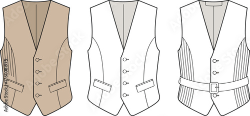 Men’s vest technical fashion drawing, pleated side panel, button front, belt detail, CAD sketch, flat vector illustration, garment design