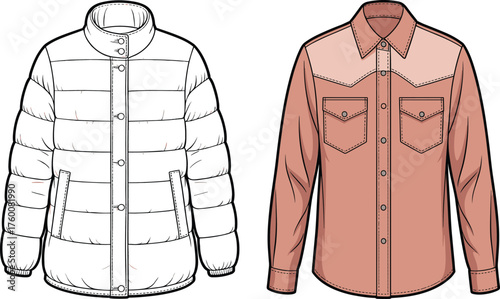 Puffer jacket and shirt jacket front view, quilted texture, chest pockets, button closure, CAD drawing flat vector illustration
