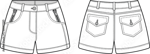 Shorts technical sketch, zippered front pockets, flap back pockets, belt loops, button closure, stitching detail, cad drawing flat vector illustration