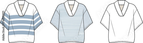 Short-sleeved shirt CAD drawing, V-neck collar, stripe pattern, plain white variant, flat vector illustration, fashion design garment template