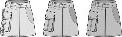 Skirt design technical drawing, high waistband, belt loops, side pocket, pleated detail, multi-angle view, CAD drawing flat vector illustration