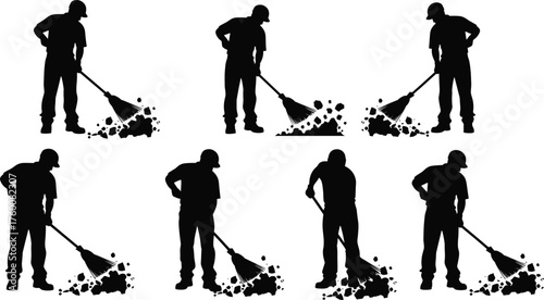 Flat vector illustration of worker sweeping floor with broom, cleaning activity, maintenance labor, silhouette poses, occupational safety, daily work routine design