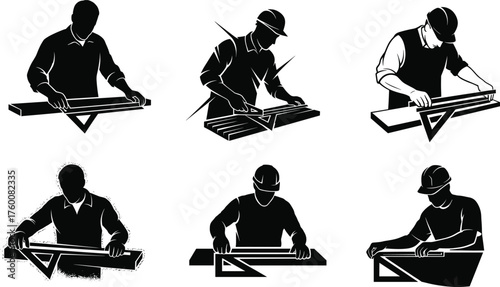 Flat vector illustration of construction worker using triangular ruler to measure wooden planks, carpentry precision, alignment, woodworking, craftsmanship, repair, industry