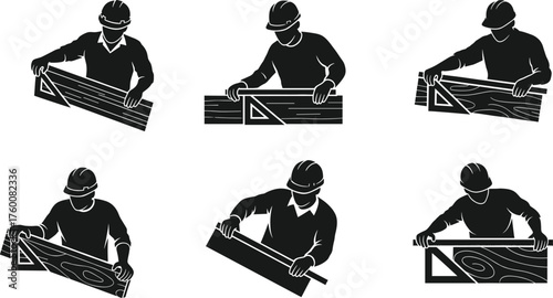 Flat vector illustration of carpenter wearing hard hat measuring wooden boards with triangular ruler, construction worker, precision alignment, woodworking, craft, repair