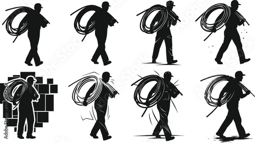 Flat vector illustration of worker carrying coiled cable or hose on shoulder, walking silhouettes, construction, industry, maintenance, repair, movement design