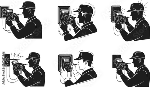 Flat vector illustration of technician using multimeter to test electrical socket and panel, showing voltage readings, sparks, hazards, safe diagnostics