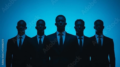 Five men in dark suits stand in silhouette against a bright blue background