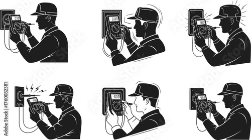 Flat vector illustration of technician using multimeter to measure electrical voltage, showing safe readings, faults, sparks, hazards, diagnostic testing scenarios
