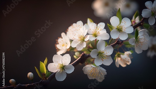 Close Up Of Spring Flowering White Cherry Tree Branch On Dark Background Cherry Flowers In Small Clusters On A Cherry Tree Branch Fading In To White Selective Focus