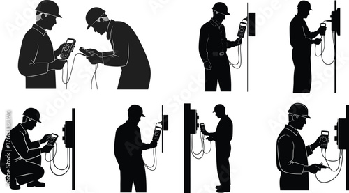 Flat vector illustration of electricians wearing hard hats using multimeters to inspect electrical panels, safety inspection, maintenance, repair, diagnostic testing